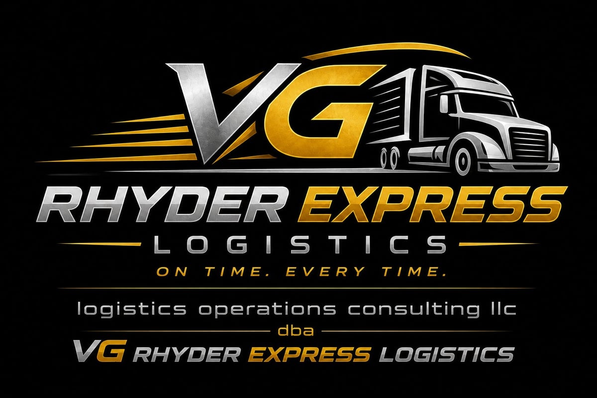 VG Rhyder Express Logistics — stylized truck with gold and silver lettering, On Time Every Time tagline